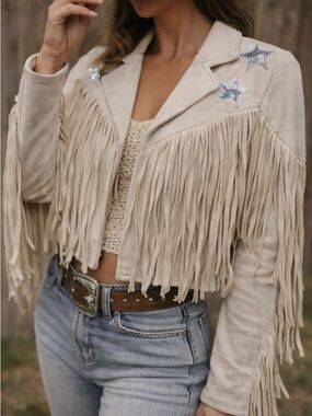 How Very Loved Fringe Jacket Women Medium Cream Western Boho Stars